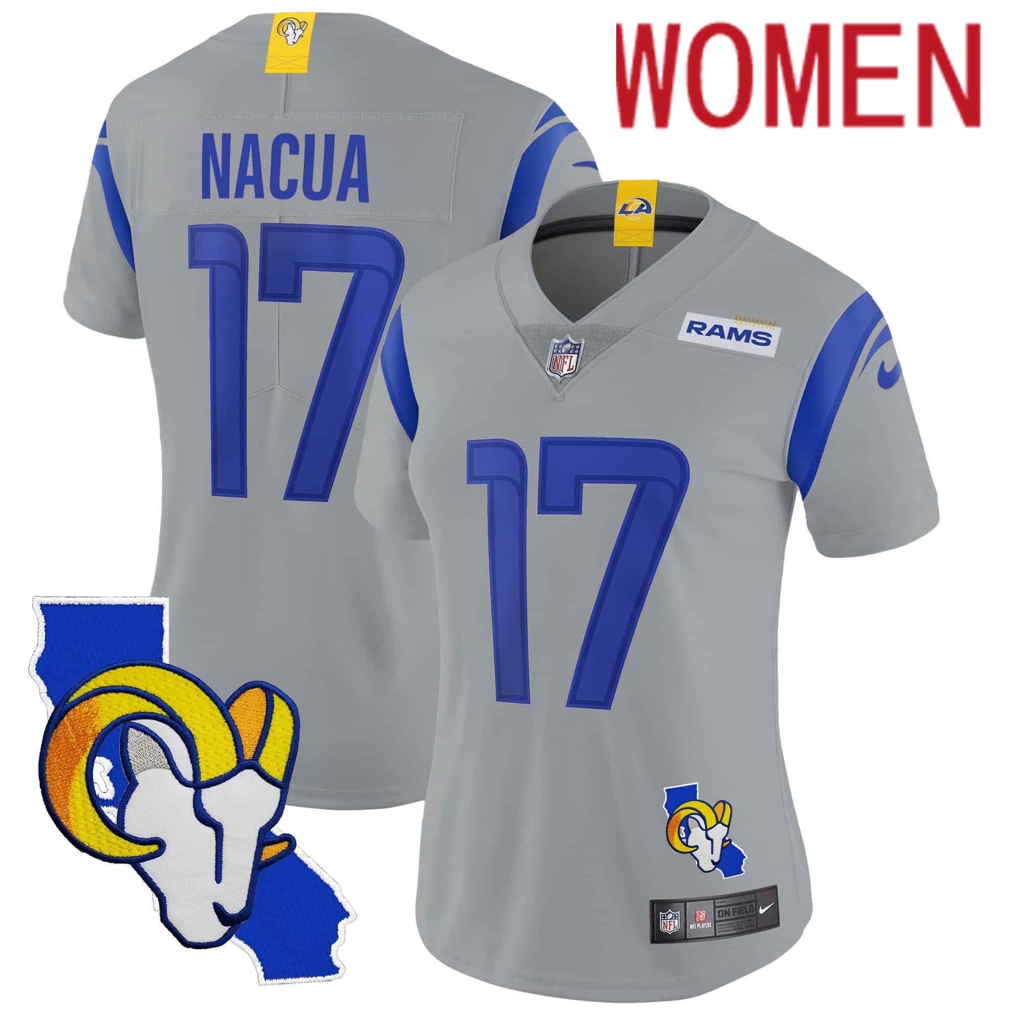 Women Los Angeles Rams 17 Nacua Grey 2024 Nike California Patch Vapor Limited NFL Jersey